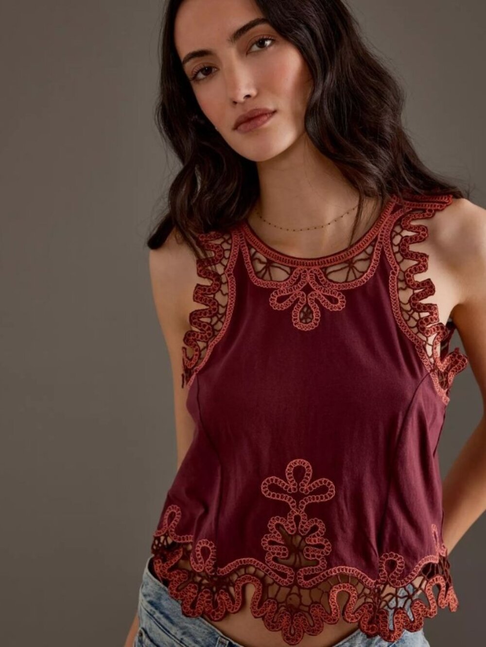 By Anthropologie Embroidered Burgundy Rust Tank Top NWT